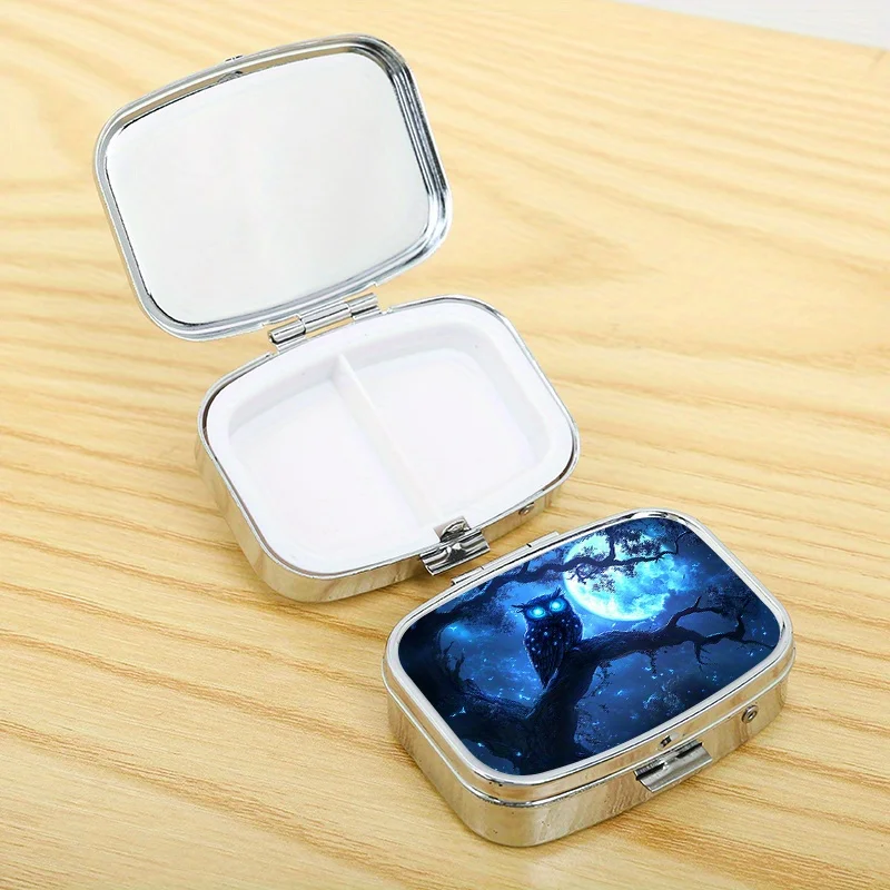 Owl 223 Stylish Patterned Square Metal Medicine Container with Two Compartments, Compact Portable Pill Box Suitable for Outdoor Exercise or as a Pill Organizer in Your Bag, the Printed Design May Vary