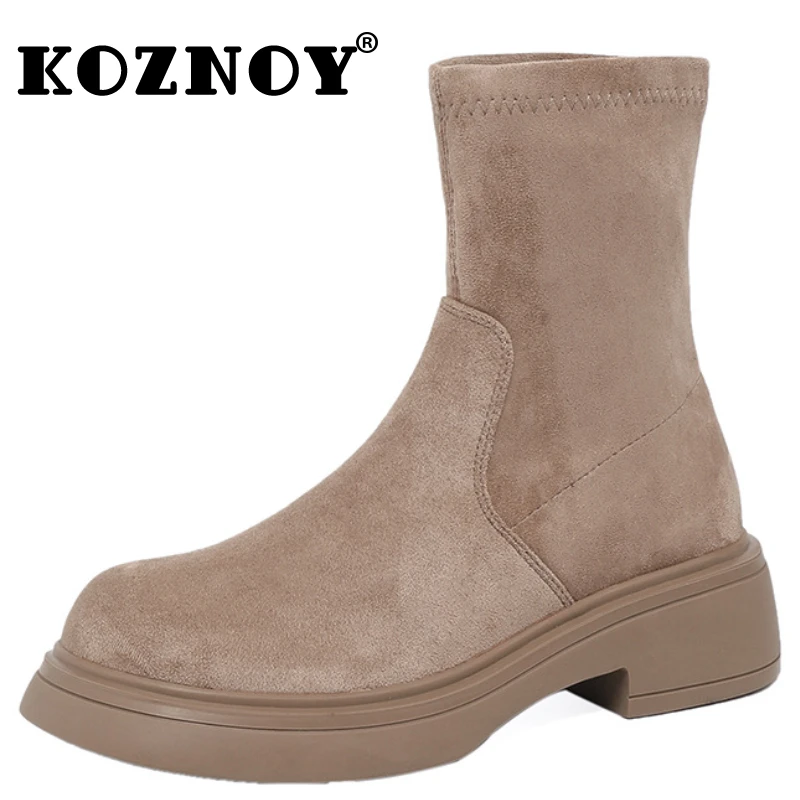 

Koznoy 5cm Sock Stretch Fabric Spandex Woman Spring Autumn Mid Cald Boots Platform Wedges Ankle Mid Calf Booties Fashion Shoes