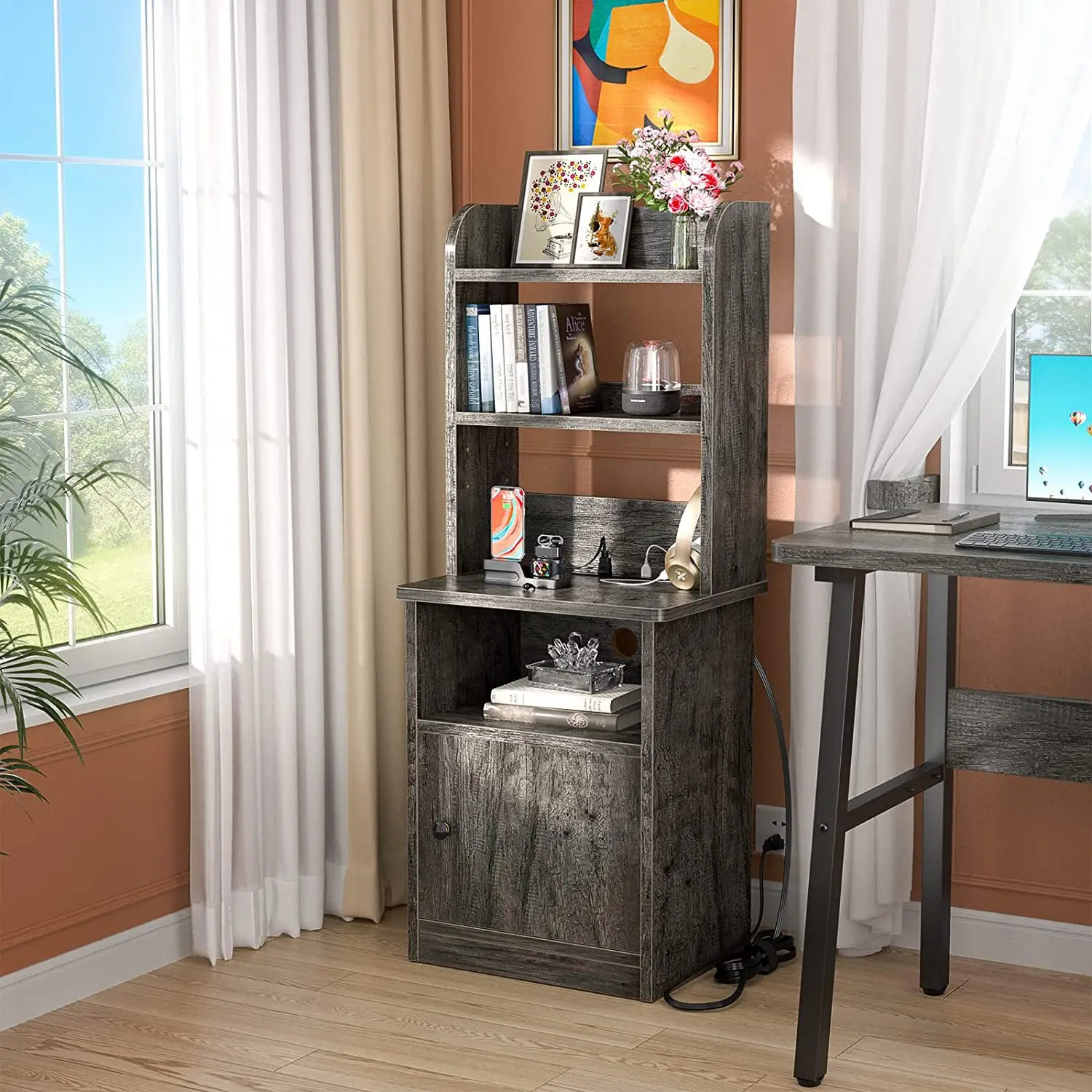 Family Bedroom Display Bedside with USB Power Outlet and Storage Side Cabinet