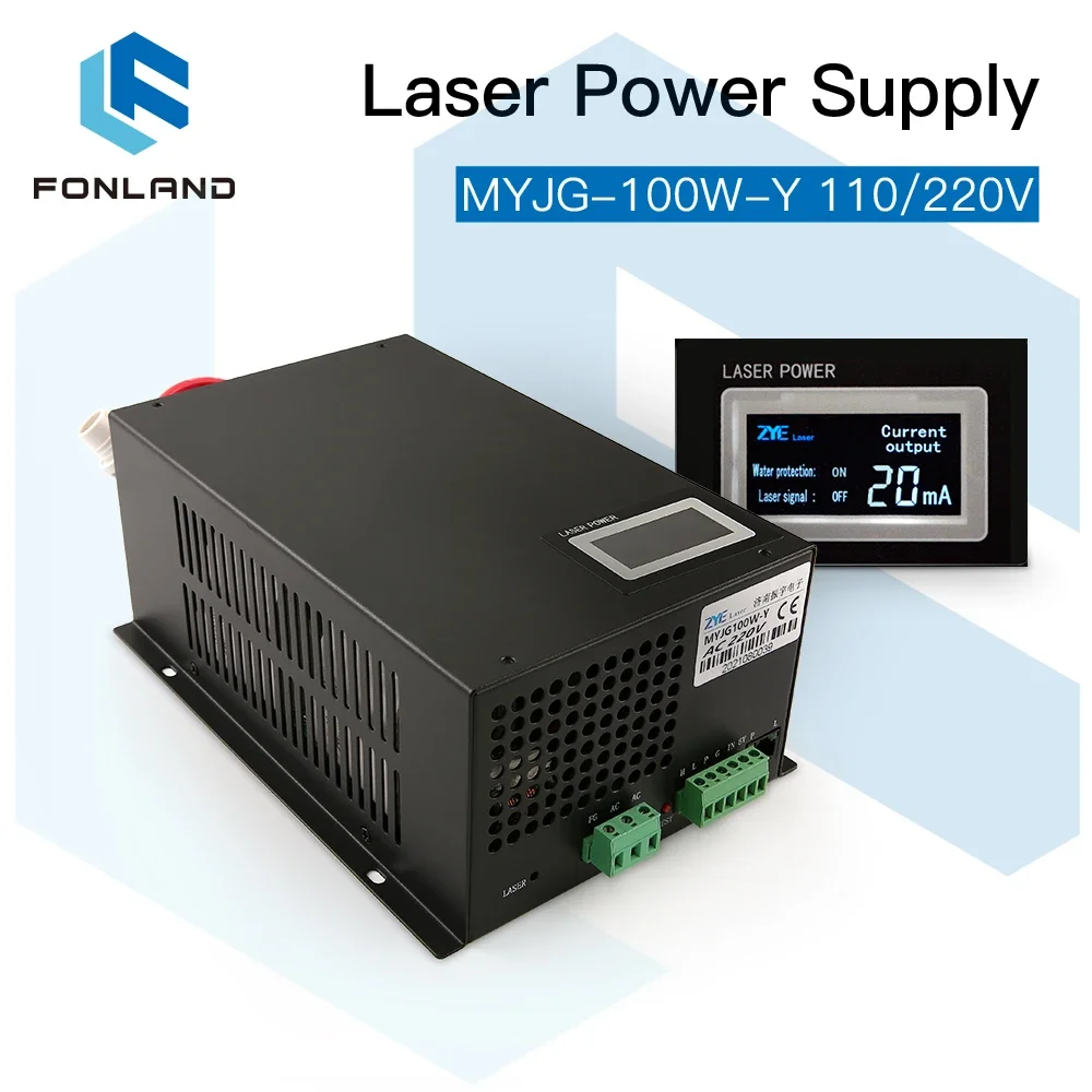 FONLAND MYJG-100W Zasilacz laserowy CO2 do Reci W2 T2 EFR Yongli CDWJ Laserowa maszyna do grawerowania i cięcia CO2 z wyświetlaczem
