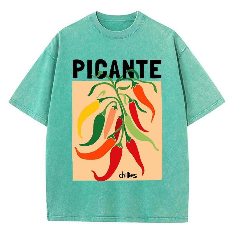 Picante Chillies Printing Washed T-Shirt Women Cotton T Shirts O-Neck Comfortable Distressed Tops Summer Casual Woman Clothes