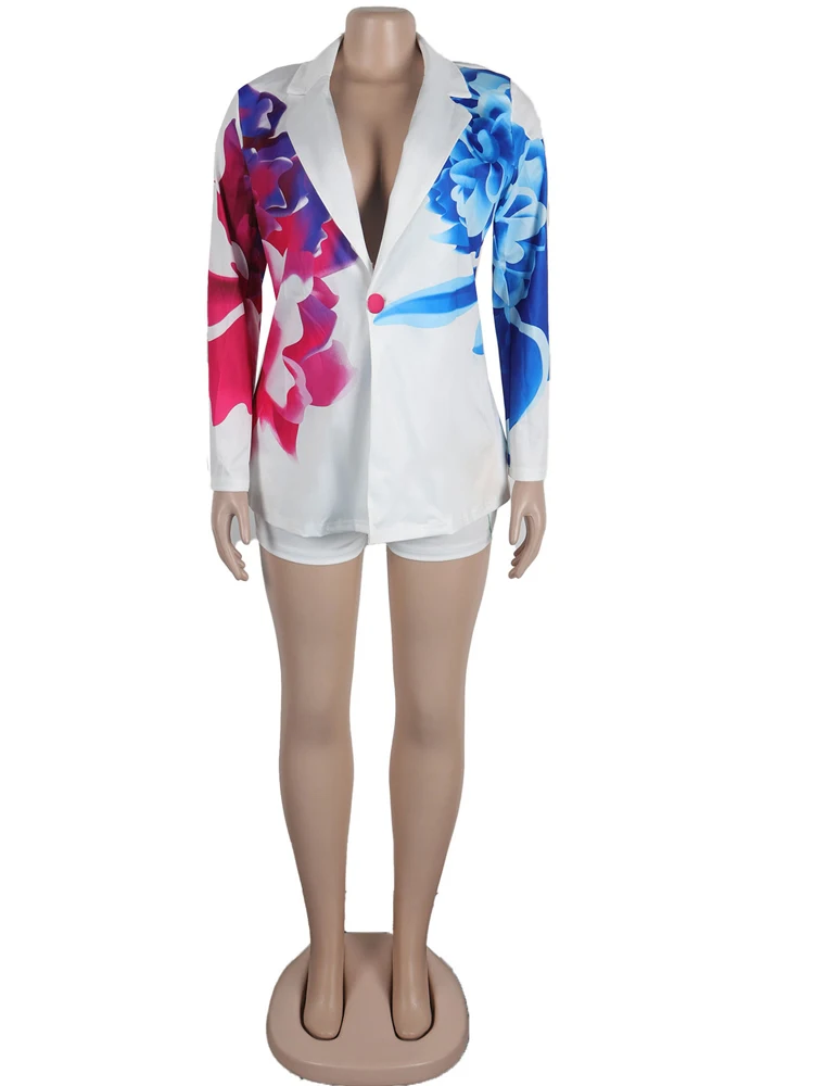 Kricesseen Elegant Flower Print Blazer Matching Shorts Two-Piece Set Women\'s Blazer Suit Set Office Work Wear Night Club Outfits