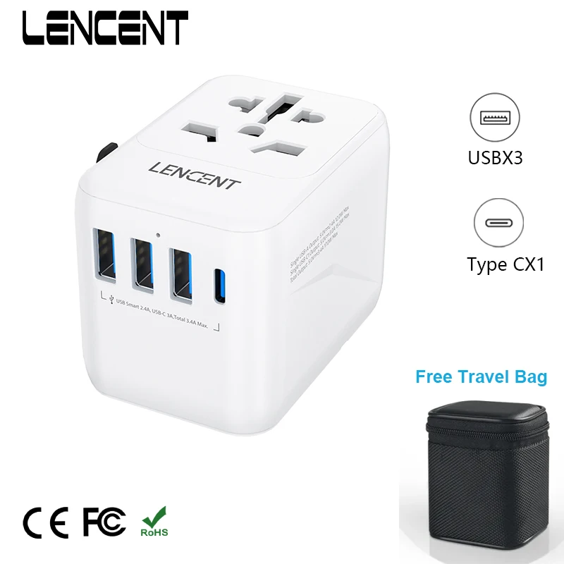 LENCENT Universal Travel Adapter International Charger with 3 USB Port 1Type-C PD Charging Adapter for Cellphones Laptop Adapter