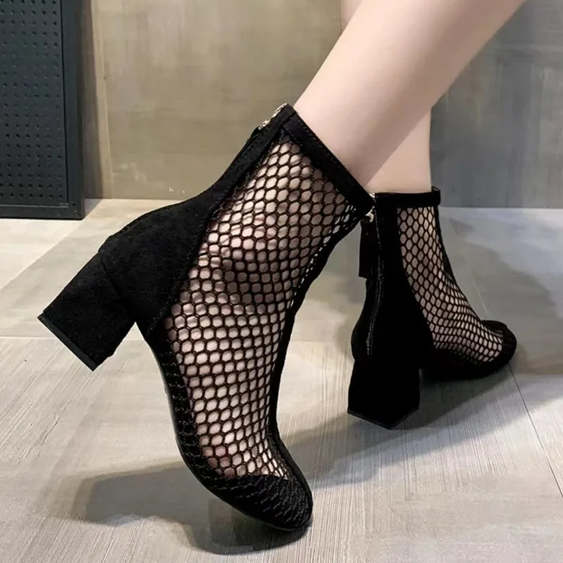 mesh short tube women's boots new summer breathable high heels thin cut hollow thick heel cool boots women's fashionable sandals