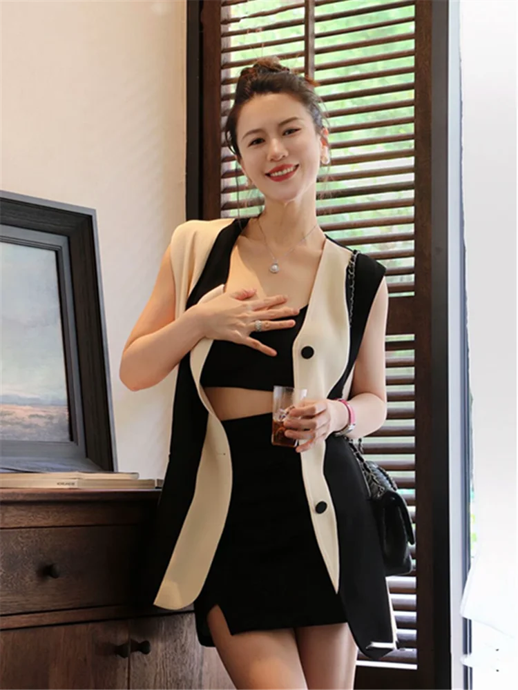 Contrastสีเสื้อกั๊กแขนกุดผู้หญิงVคอเดี่ยวอเนกประสงค์หญิงยาวเสื้อ 2025 ฤดูร้อนใหม่เสื้อกั๊กCardigan