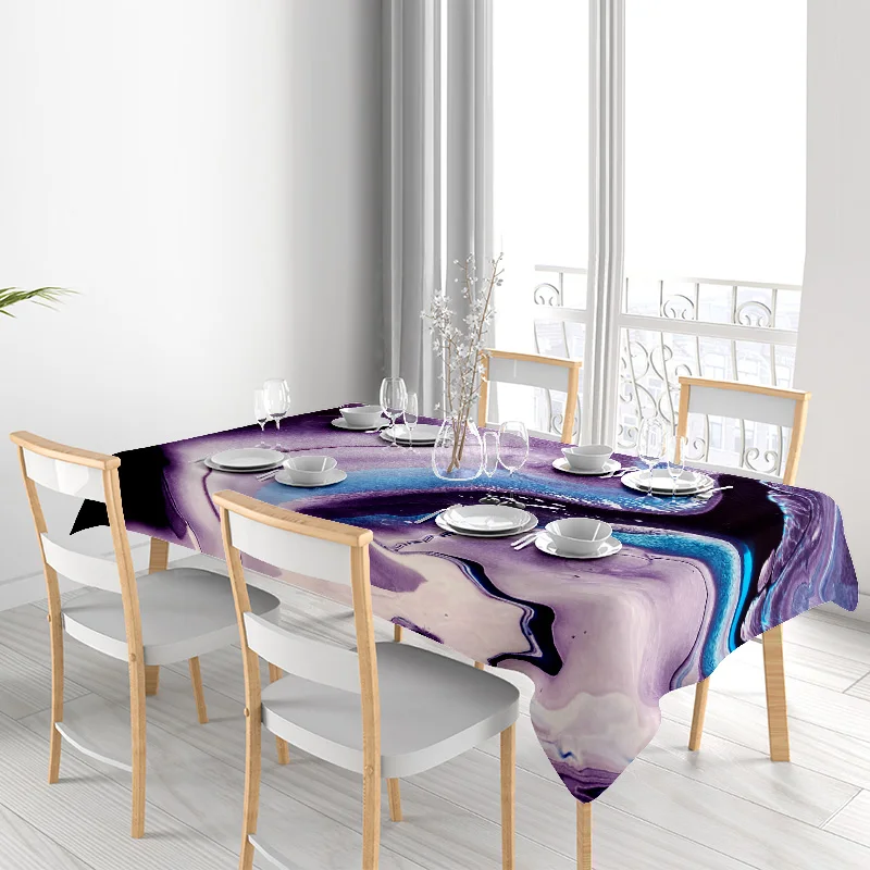 Modern Style Abstract Design Tablecloth Waterproof Anti-Slip Dining Room Decoration 3D Printing Flower Pattern Purple Blue White