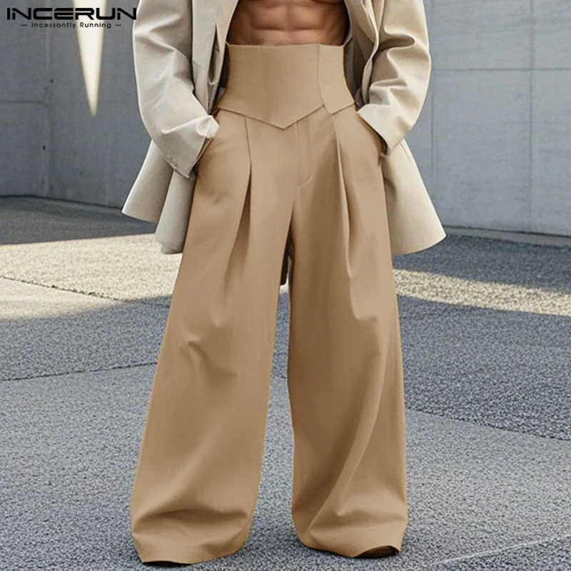 INCERUN 2025 American Style Pantalons Men Stylish Detachable Waistband Long Pants Male Leisure City Walk Wide Leg Solid Trousers