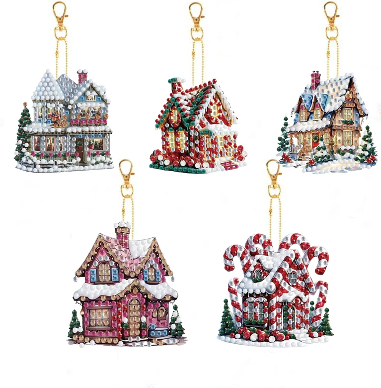 5 DIY-Schlüsselanhänger-Sets mit Weihnachtsmotiv, Diamant-Kunstmalerei, Kristall-Weihnachts-Schlüsselanhänger-Dekorationen