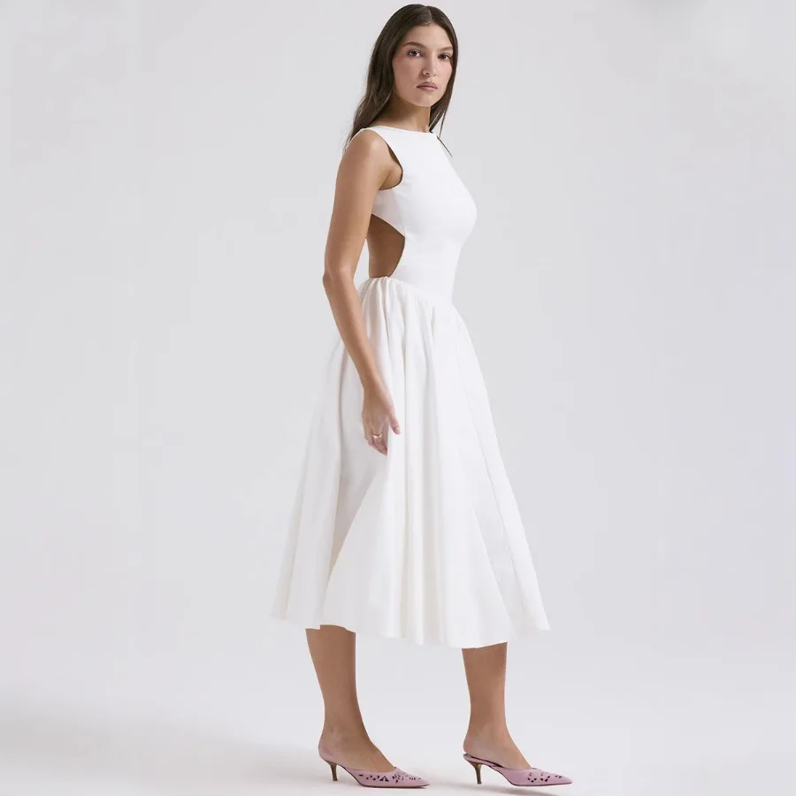 

【New style】Summer hollow out sexy women's clothes New pure color backless waist sleeveless sling dress