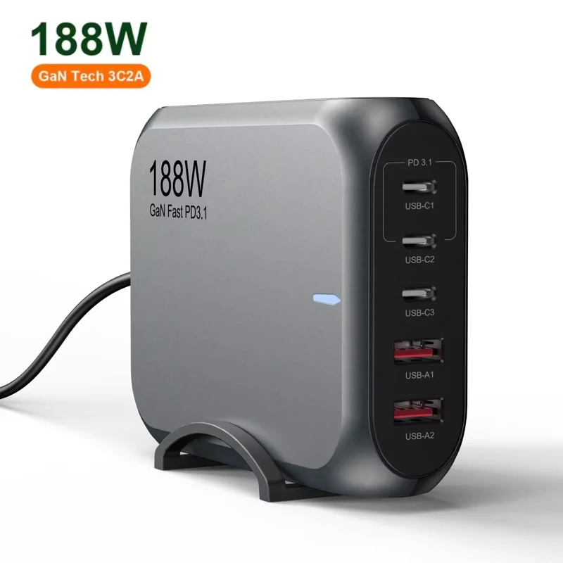 

Desktop Power 188W Type-C Multi USB Port Charging Station GaN 140W PD3.1 PPS Quick Charger For iPhone 15 Macbook Laptop Adapter