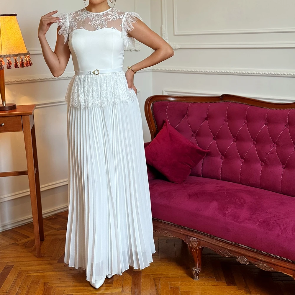 

Вечерние платья трапециевидной формы по индивидуальному заказу, длиной до щиколотки, с круглым вырезом, без рукавов, платье для выпускного вечера, модное кружевное платье с поясом, простое драпированное повседневное вечернее платье