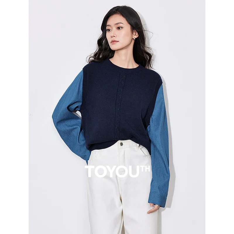 TOYOUTH Women Knitted Sweater 2025 Spring New Contrasting Color Cowboy Splicing Fake Two piece Round Neck Pullover Blouse Tops