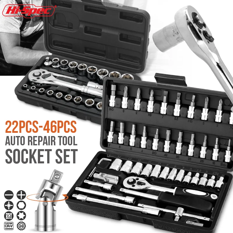 

Hi-Spec 46Pcs/22Pc 1/4" & 3/8" Drive Socket Wrench Set, Socket Set Car Repair Tool Ratchet Torque Wrench Combo Repairing Tool