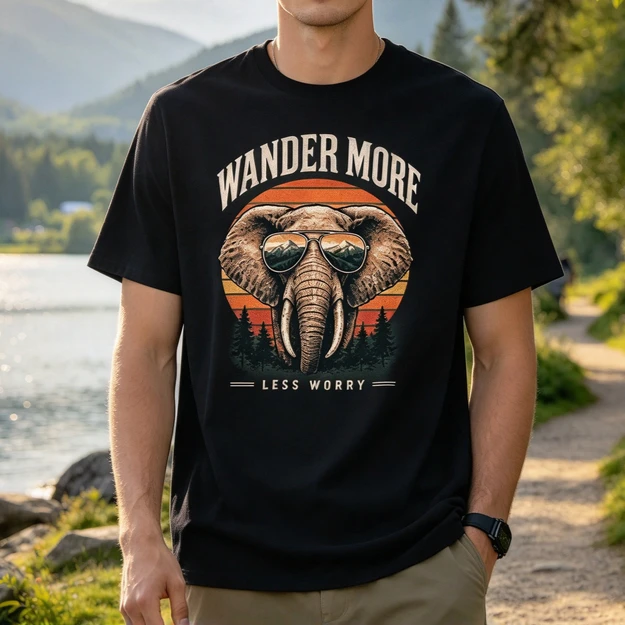 Retro Wander More Elephant Graphic Tshirt for Men Vintage Sunset Mountain Elephant with Sunglasses Tee Nature Lover Short Sleeve