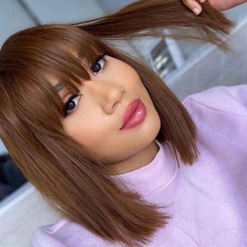Honey Brown 100% Human Hair Wigs Bob Short Wave Wigs No Lace Wigs With Bangs