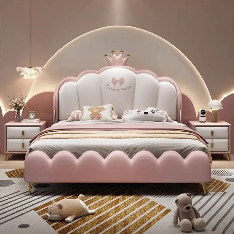 Cama suspensa infantil princesa menina, cama de couro macio coroa rosa