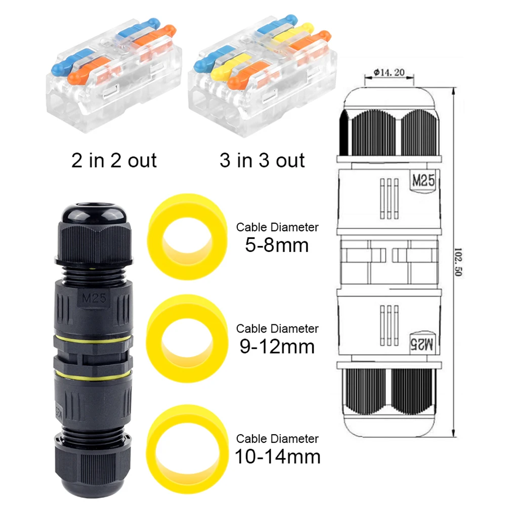 IP68 M25 Straight Cable Junction Box Outdoor Waterproof Connector 2/3 Pin Terminal Docking Quick Wire Connectors For LED Light