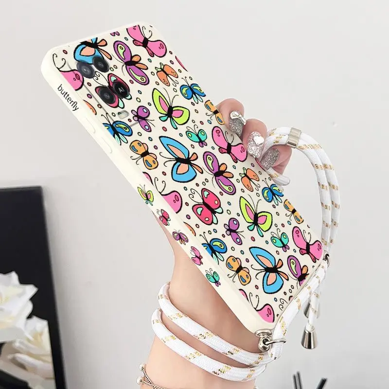 Charm Butterfly Crossbody Lanyard Silicone Phone Case For Oppo A15 A15S A16 A16K A76 A77 A78 A53 A54 A55 A92 A94 A95 A83 Cover