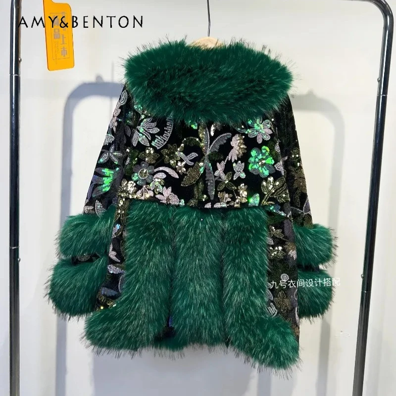 

Winter New Furry Long Sleeves Woolen Jacket Women's Shearling Coats Heavy Industry Design Sequin Chic Warm Comfortable Faux Fur