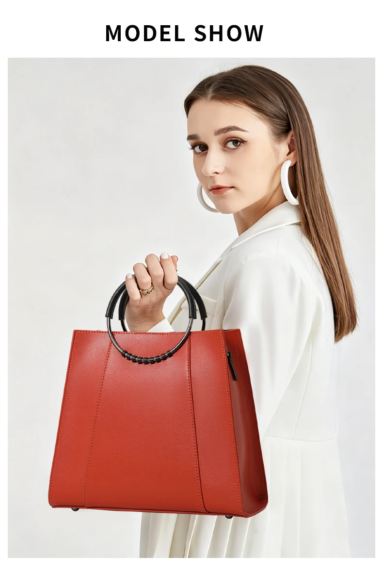 Damen-Handtasche aus Glattleder mit Rundem Ringgriff, Elegante Henkeltasche, Damen-Umhängetasche für Arbeit und Alltag – Detail 1