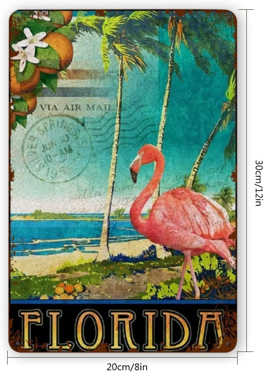 Florida Beaches with Flamingos Vintage Metal Tin Signs, Retro Art Tin Sign Decorations Plaque fo Bars Club Cafe Home