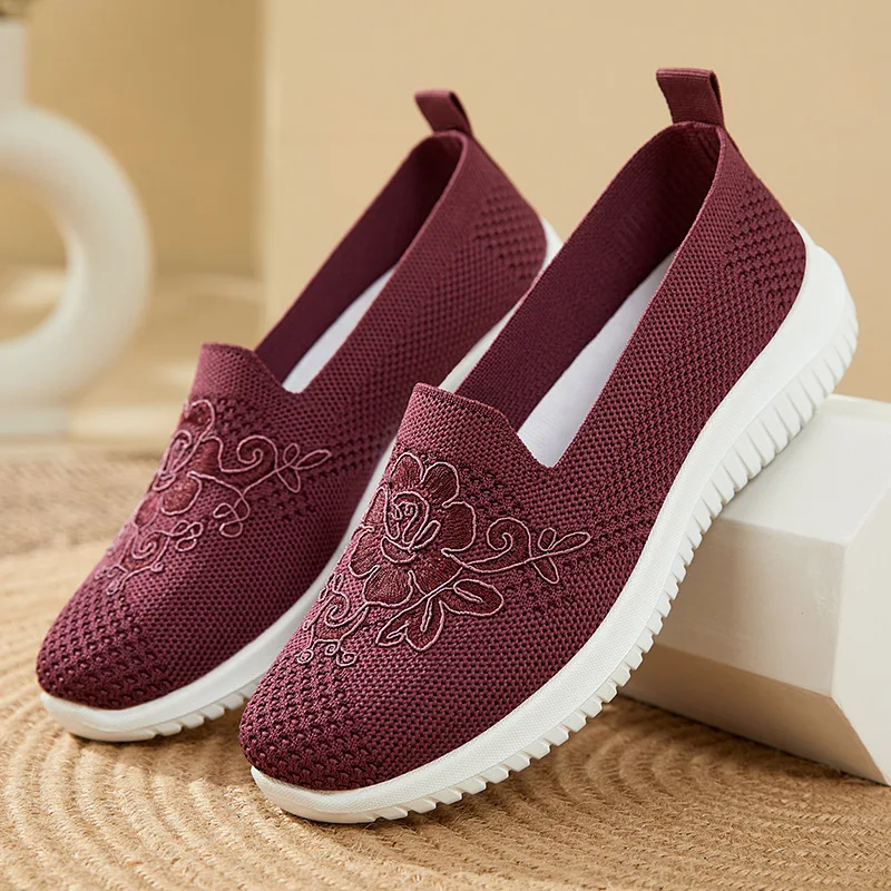 

Feerldi Old Peking Mom's Knitting Shoes for Women 2024 Spring Summer Breathable Wedges Sneakers Mother's Emboridery Flower Flats