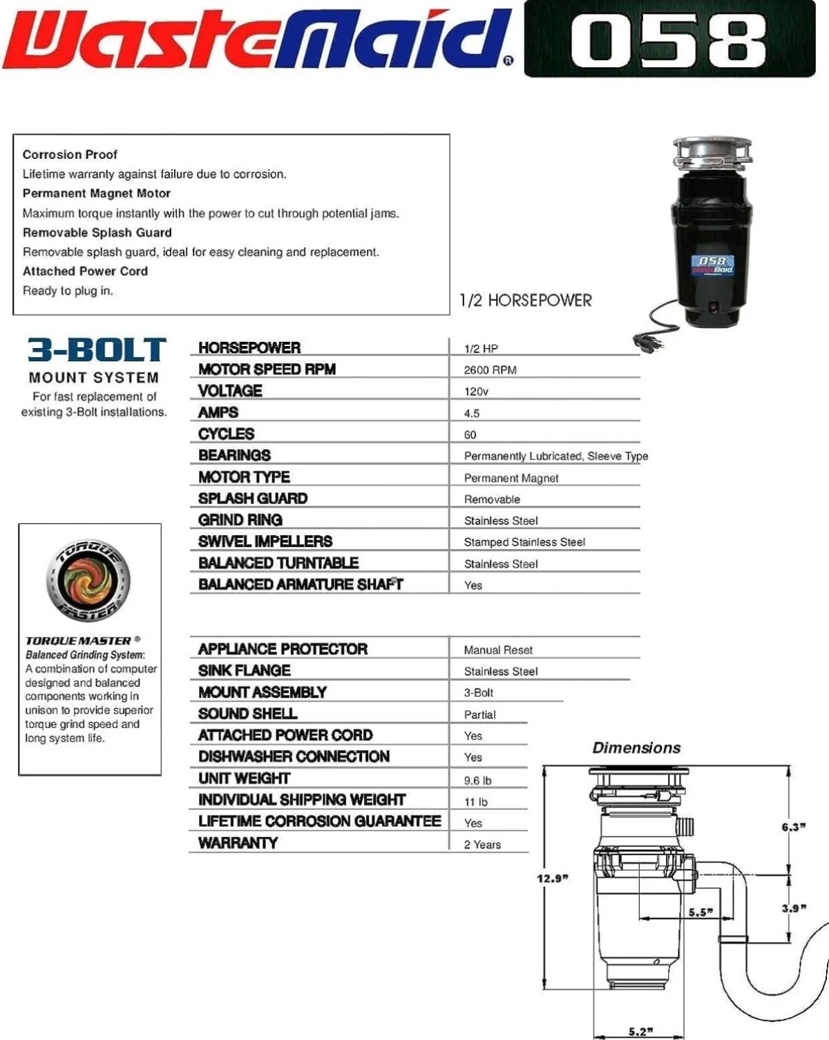 10-US-WM-058-3B Garbage Disposal Anti-Jam Stainless Steel Food Waste Grinding System, 1/2 HP Economy, Black | USA | NEW