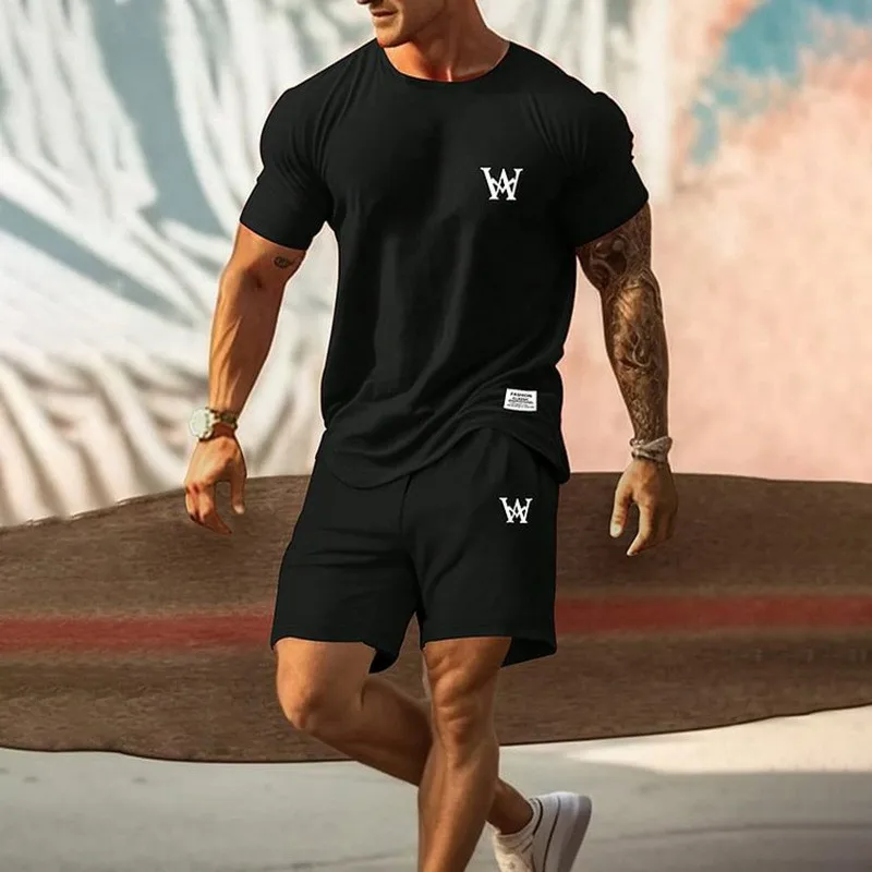 Fashion Men\'s Sportswear Short-sleeved T-shirt And Sports Shorts Summer Casual Simple Letter Suit Men\'s Two-piece Suit Plus Size