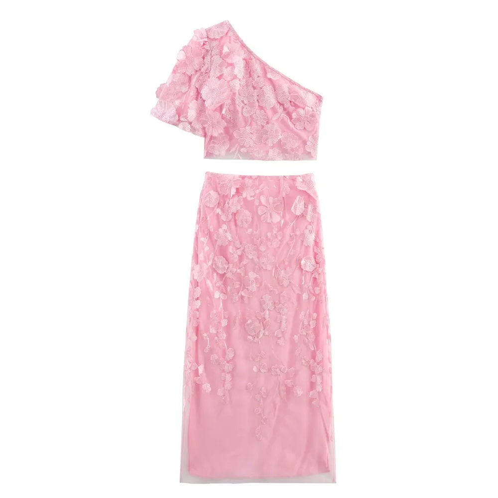 

UNIZERA Women's Hollow Flower Design Slanted Shoulder Top Half Skirt Spring/Summer Casual Women's Wear