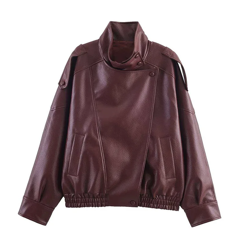 Women Faux Leather Jackets Turtleneck Solid Streetwear Y2k Jacket Long Sleeve Button Casual Pocket Spliced Coats Autumn Winter
