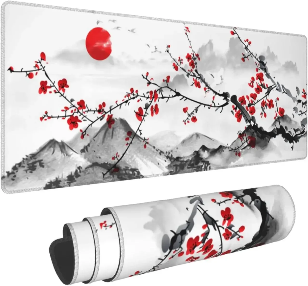 Chinese Ink Wash Plum Blossom Desk Mat, Red Sun Mountain Landscape Large Gaming Mouse Pad, Non-Slip Keyboard Pad for Home Office