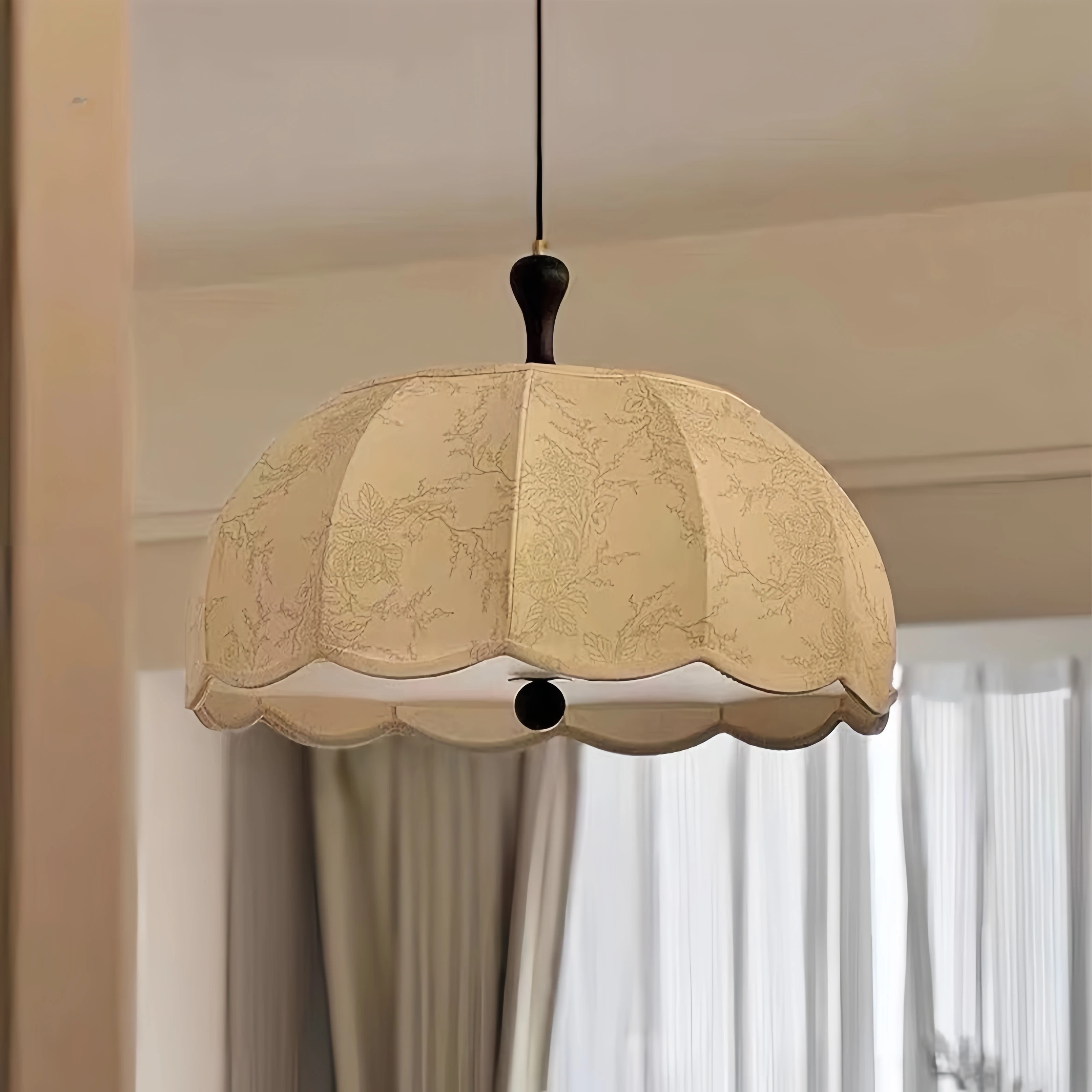 French Mid-Century Fabric Floral Pendant Light, Artistic Boho Chic Ceiling Lamp for Living Room Bedroom Dining Decor