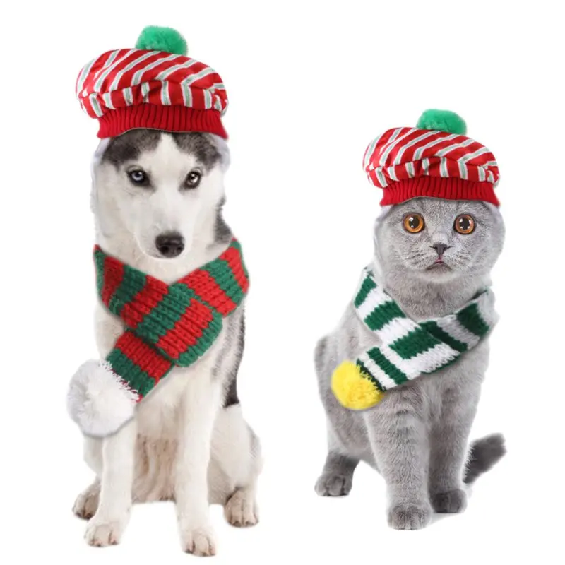 Christmas Winter Holiday Decoration Scarf for Small Dogs Cats Knitted Hat Printed Banada Velvet Collar Pompom Dress for Party