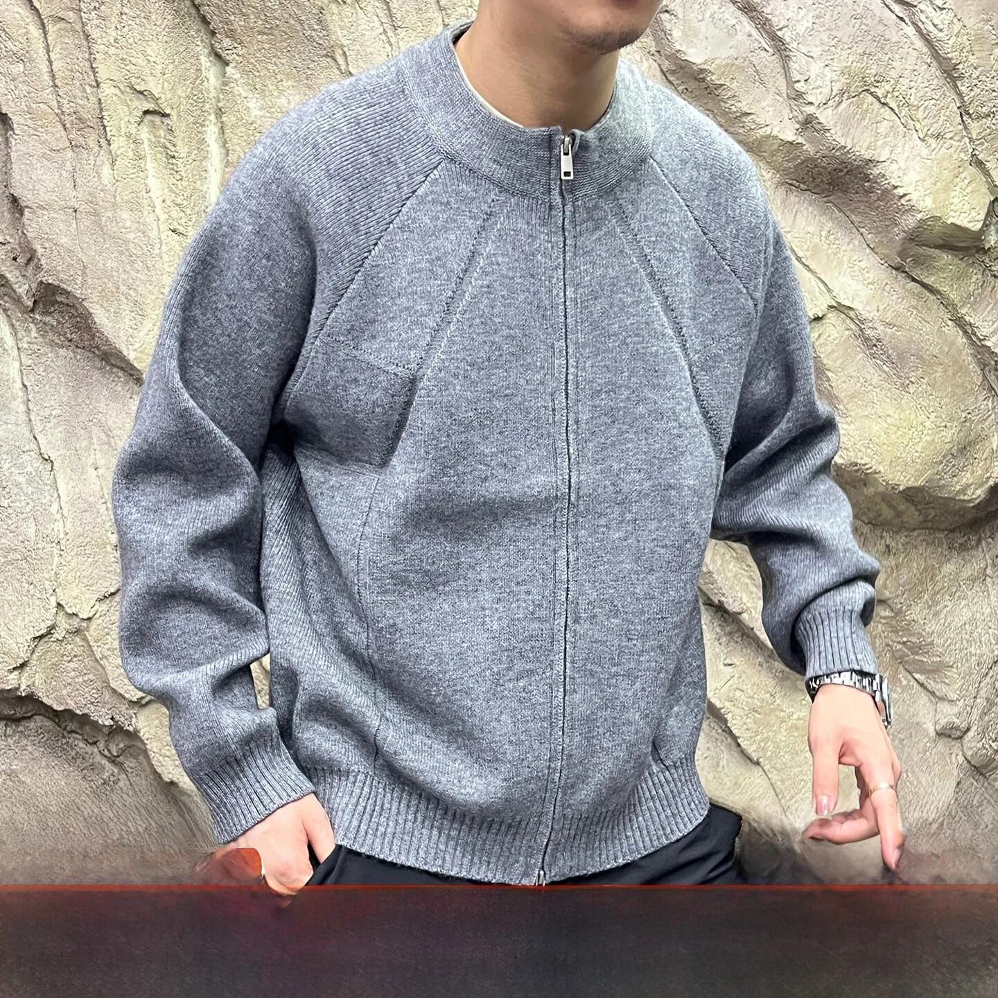 

Italian Vintage Sle Men's Knitted Cardigan Coat Double Zipper Stand Collar Loose Fit Autumn New Faion Outerwear