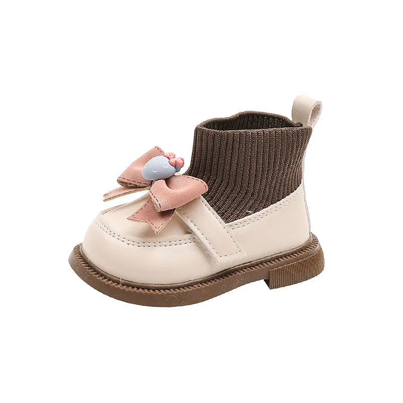 Bottes chaussettes en cuir verni avec gros nœud pour fille, chaussures élégantes et mignonnes pour enfant en bas âge, style décontracté