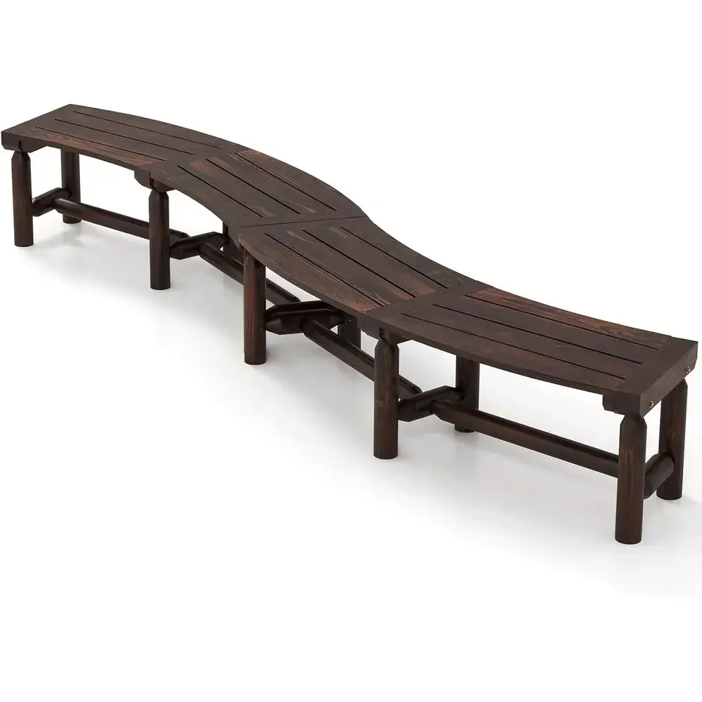 2-Person Outdoor Bench with Fire Pit, Curved Back, Rustic Brown