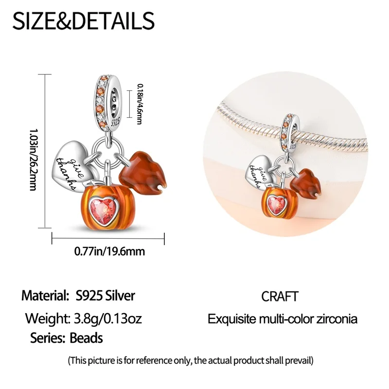 Herbstserie aus 925er-Sterlingsilber, braune Ahornblätter, Vogelscheuche, Eichhörnchen, Kürbis-Charms, Perlen, passend für Pandach-Armbänder, DIY-Schmuck – Detail 19