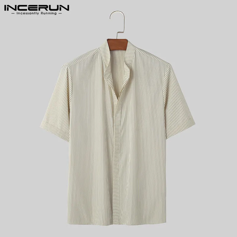 INCERUN-camisa a rayas para hombre, ropa de calle informal de manga corta con cuello levantado, estilo coreano, a la moda, S-5XL de verano, 2024