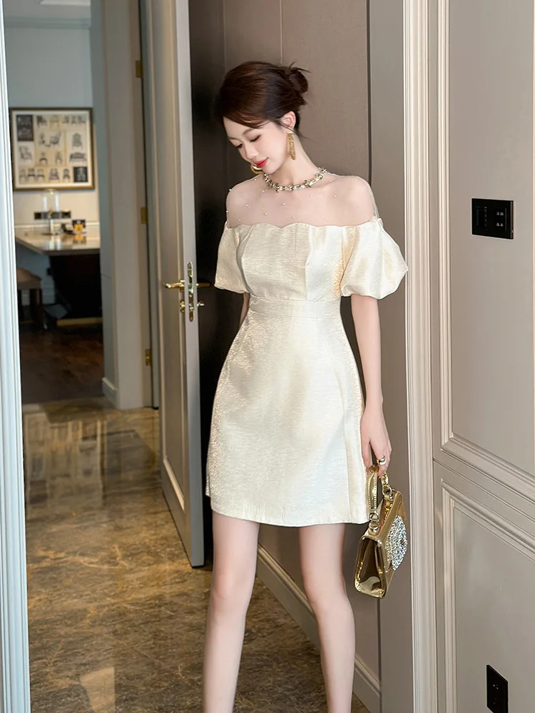 Birthday Dress Summer New Women's Heavy-Duty Diamond-Encrusted Puff Sleeve Waist A-Line Dress