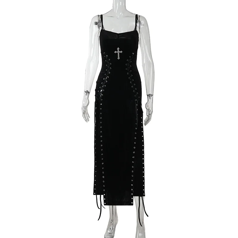Vestido gótico de terciopelo con abertura alta y tirantes, estilo grunge oscuro de los 90, para mujer, sexy, de vestir, ropa gótica de moda 5