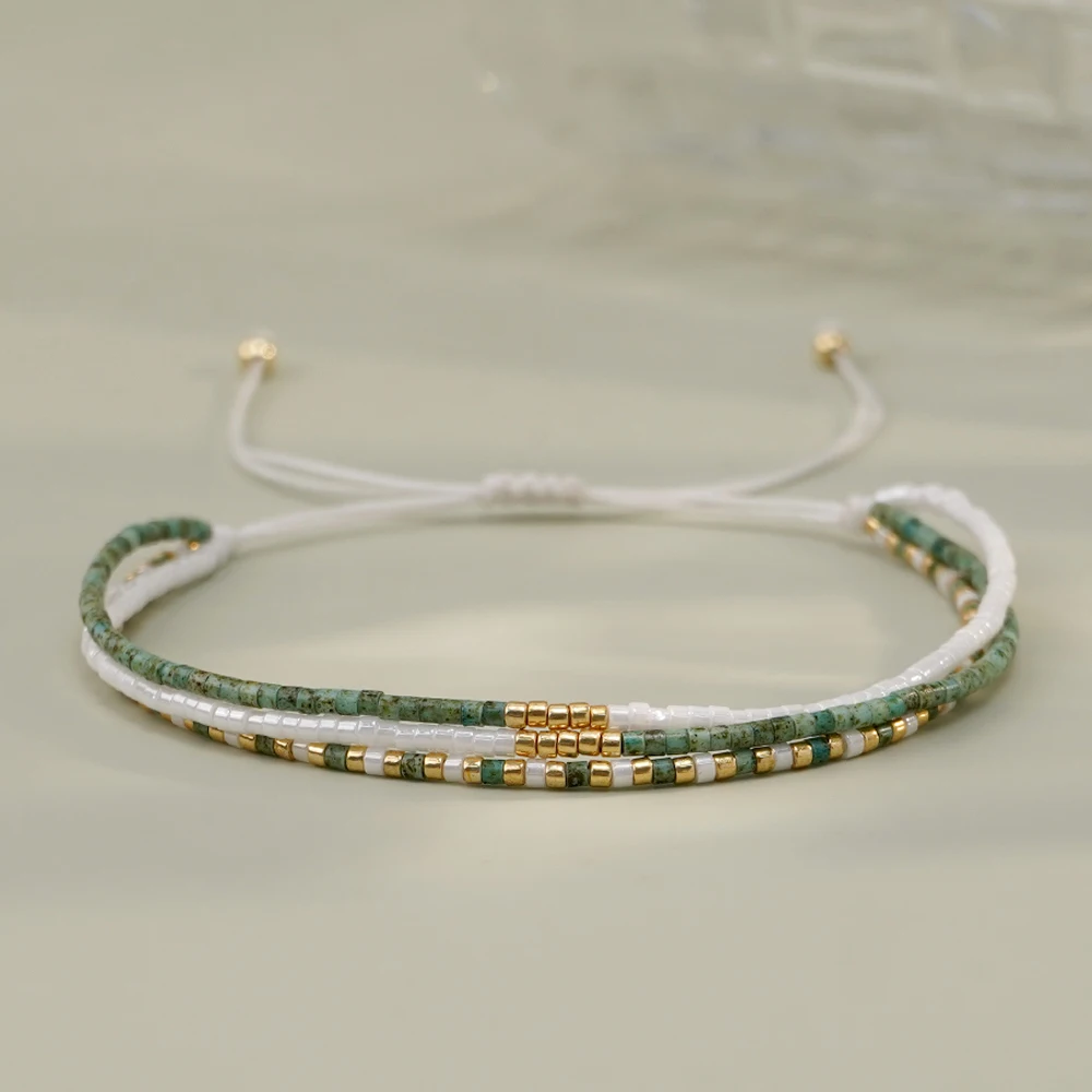 1pc vintage Bohemian style copper bead mixed color glass bead three circle adjustable bracelet suitable for daily gift giving