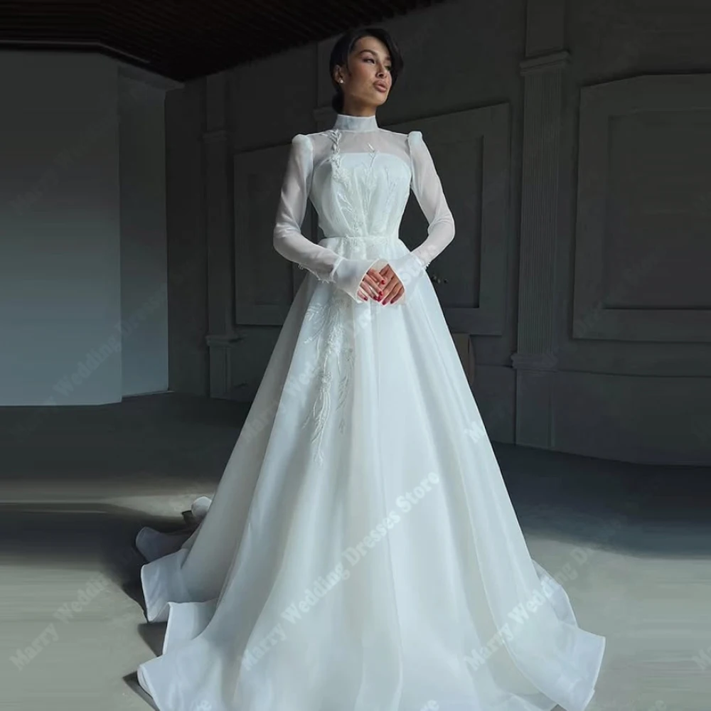 

High-Neck Women Wedding Dresses Boho Long Sleeves A-Line Bridal Gowns Party Mopping Length Princess Robes De Mariee Customized