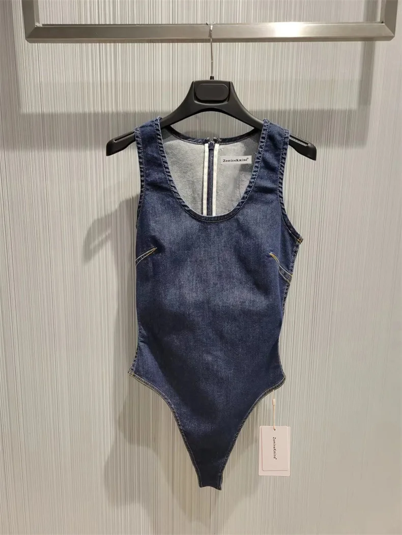 

2023 new low-neck halter fashion denim one-piece vest top woman