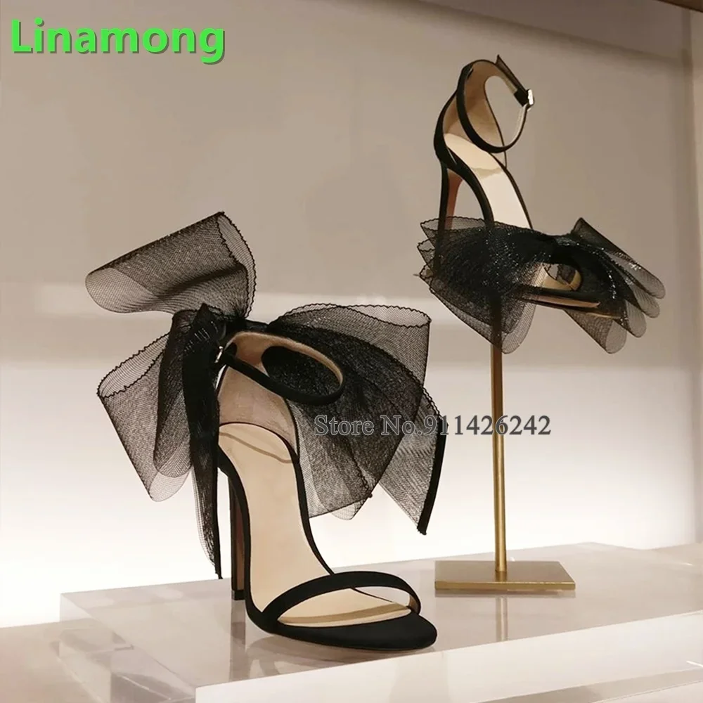 

Mesh Butterfly-knot Fashion Luxury Sandals For Female Women Round Toe Thin High Heel Ankle Buckle Strap Sexy Elegant Summer Shoe