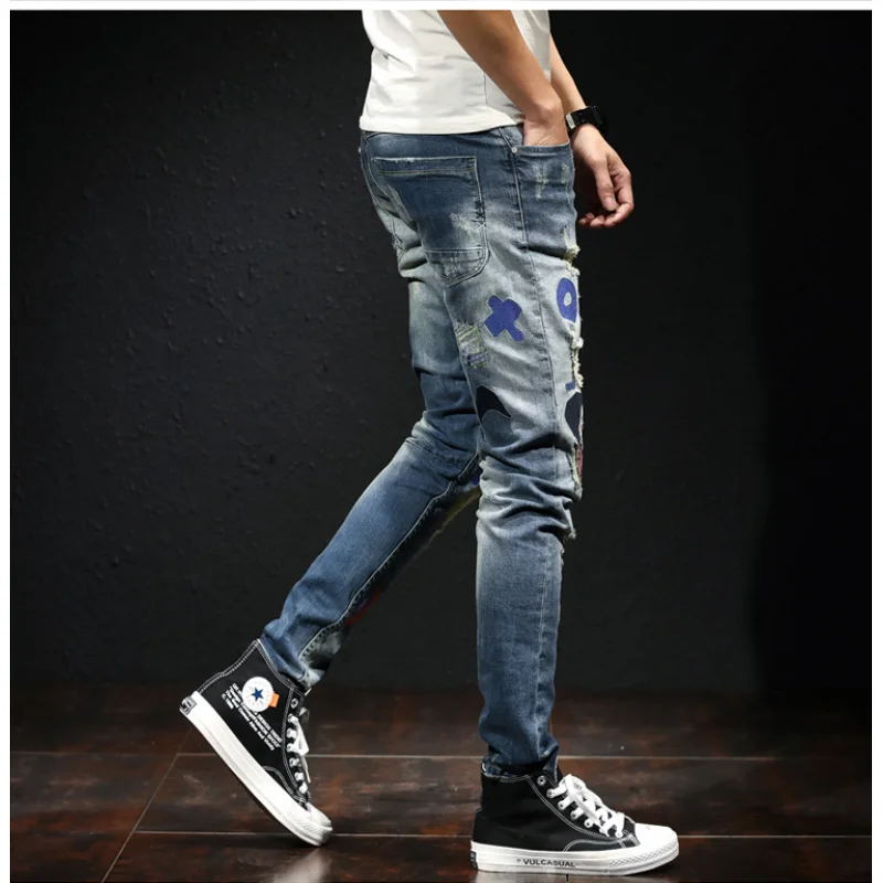 Street Fashion Designer Hip Hop Men's Jeans Vintage Blue Slim Stretch Hole Embroidered Small Straight Men's Jeans