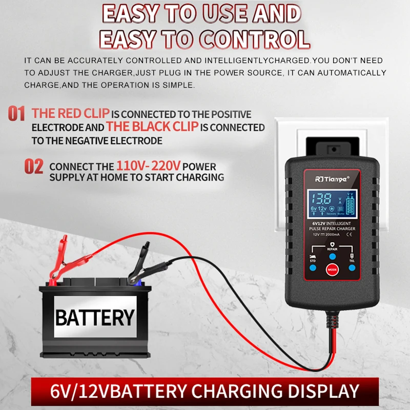 12V 6V Car Battery Charger 2A Digital  Full Automatic Lead Acid Battery Charger Pulse Repair  For Motorcycle Kids Toy Car