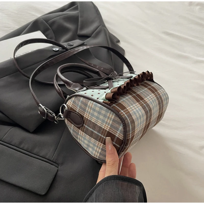 Koreanische Bogen Polka Dot Tasche Mode Bowler Tasche Farbe-blockiert Spitze Y2k Stil Handtasche Retro Süße Plaid Crossbody Zipper schulter Tasche – Detail 16