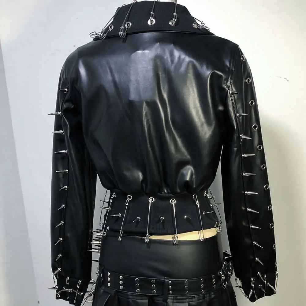 Punk Rock Eco Festival Emo Goth Rave Long-sleeves E-Girls Digital Y2K Vegan Leather Skull Studded Rivets Jacket Coat Spike
