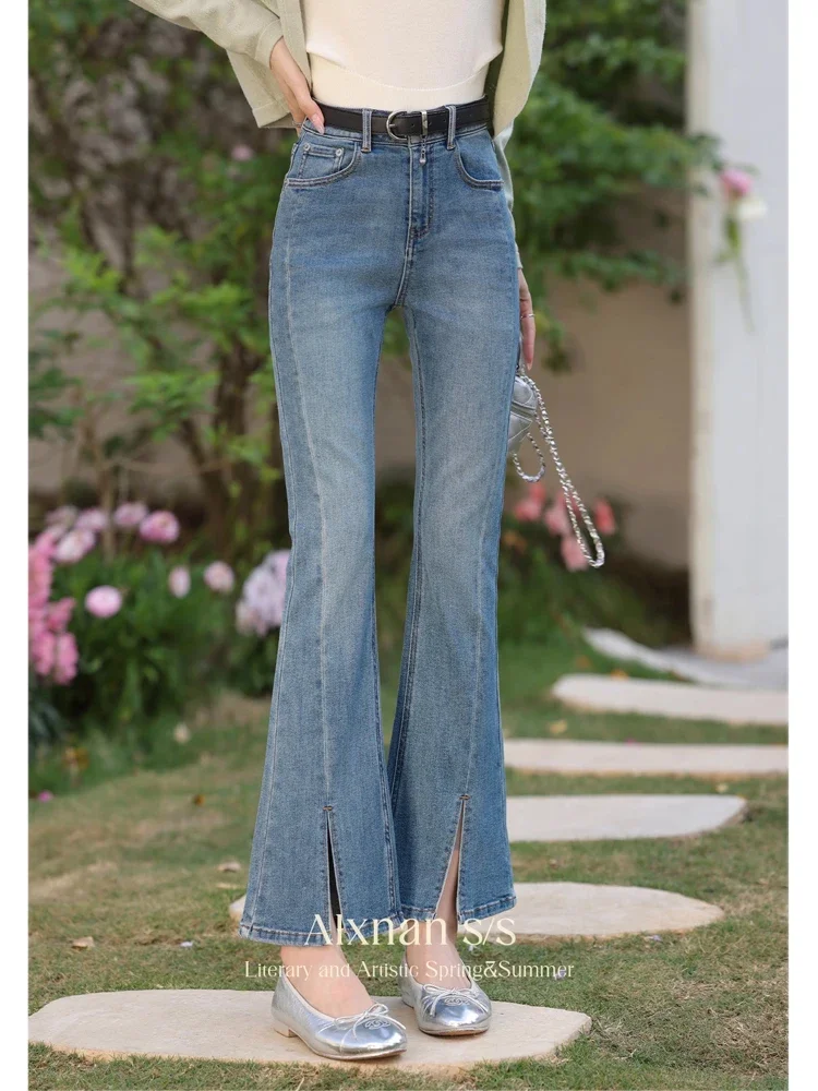 

ALXNAN Light Blue Washed Cotton Denim Flare Pant 2024 Autumn New Fashion Casual Slim Full Length Split Jeans for Women L33885