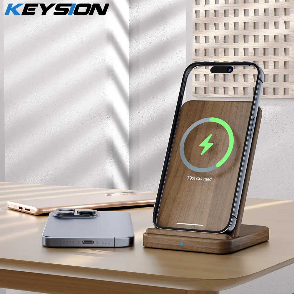 KEYSION 15W Fast Wireless Charger Stand for iPhone 15 Pro 14 13 12 11 Wood Qi Fast Wireless Charging Pad for Samsung S24 S23 S22